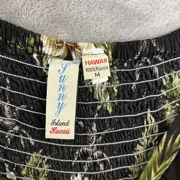 Sunny Island Hawaii Hawaiian Butterfly Dress Floral Palms Black Smocked Sz Med - Picture 3 of 9